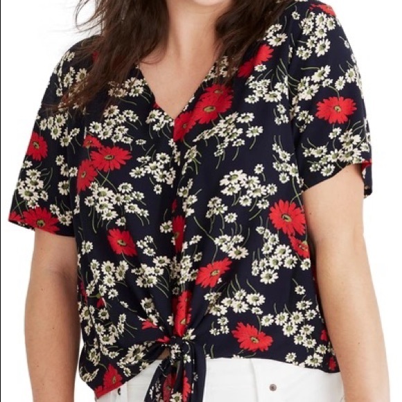 Madewell Novel Tie Front Top In Hillside Daisies Deep Indigo Size Small - Picture 9 of 9